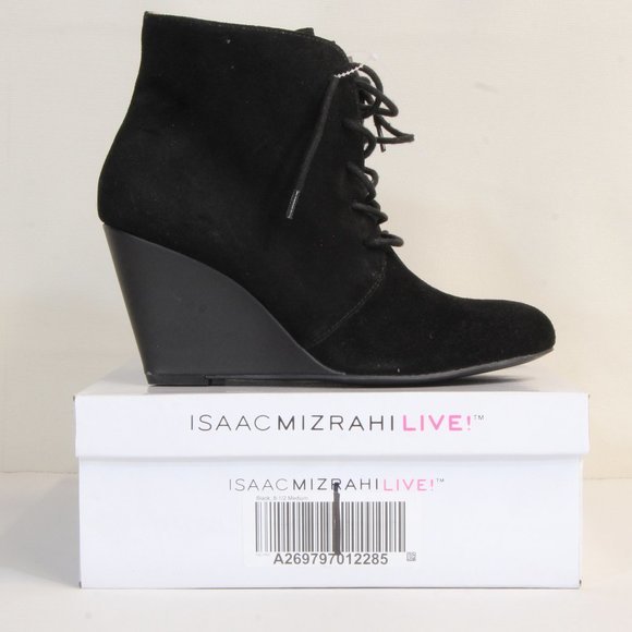 Isaac Mizrahi Live Women's Lace-up Suede Wedge Boots Black Booties - Picture 1 of 7